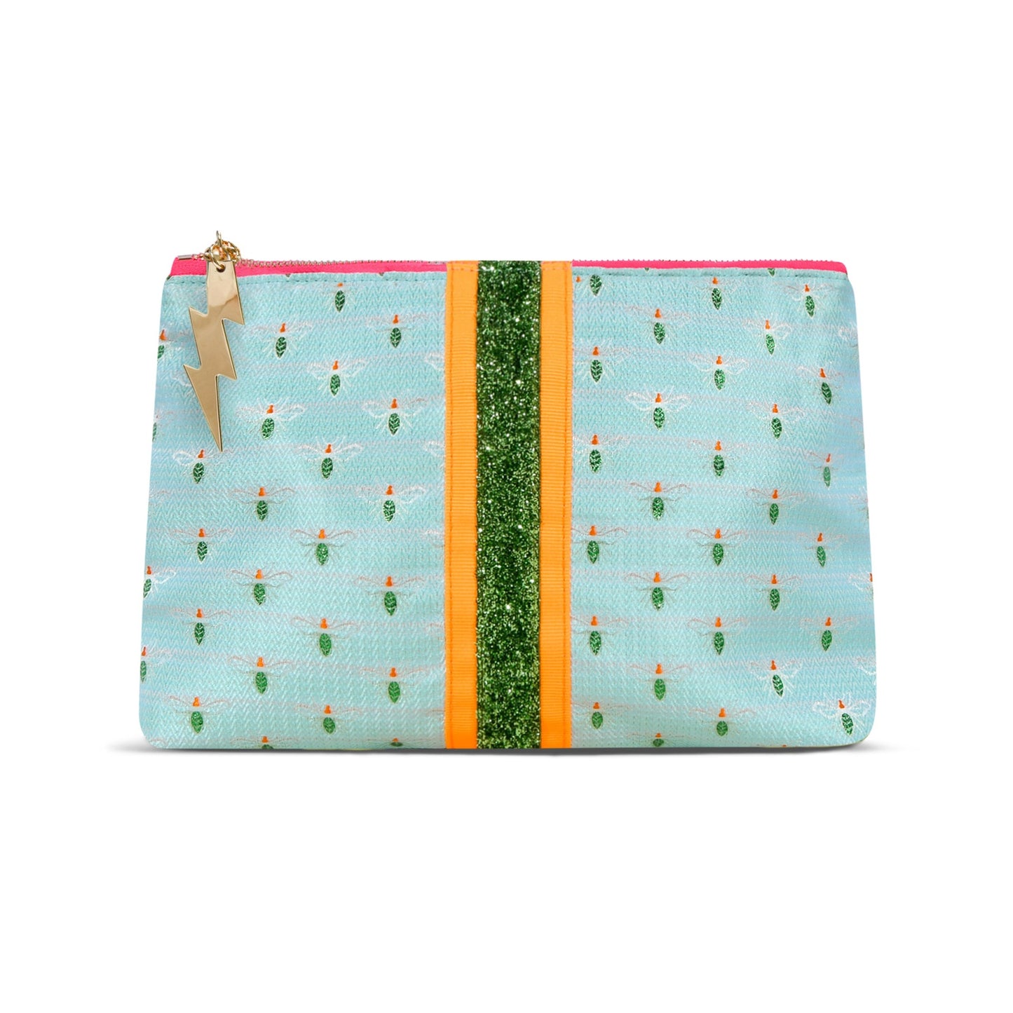 Turquoise Clutch bag with a metallic woven bee motif and Orange grosgrain ribbon and green glitter ribon trim. The bag also features our signature lightening bolt zipper and hot pink waterprrof lining