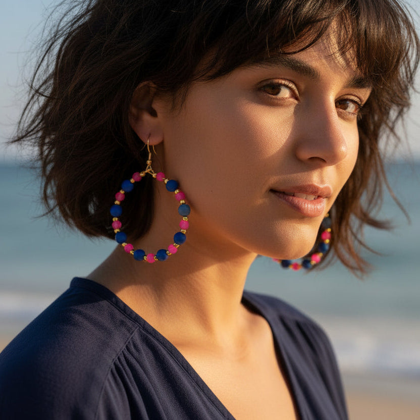 BEADED CIRQUE HOOPS - PINK/NAVY Cockatoo