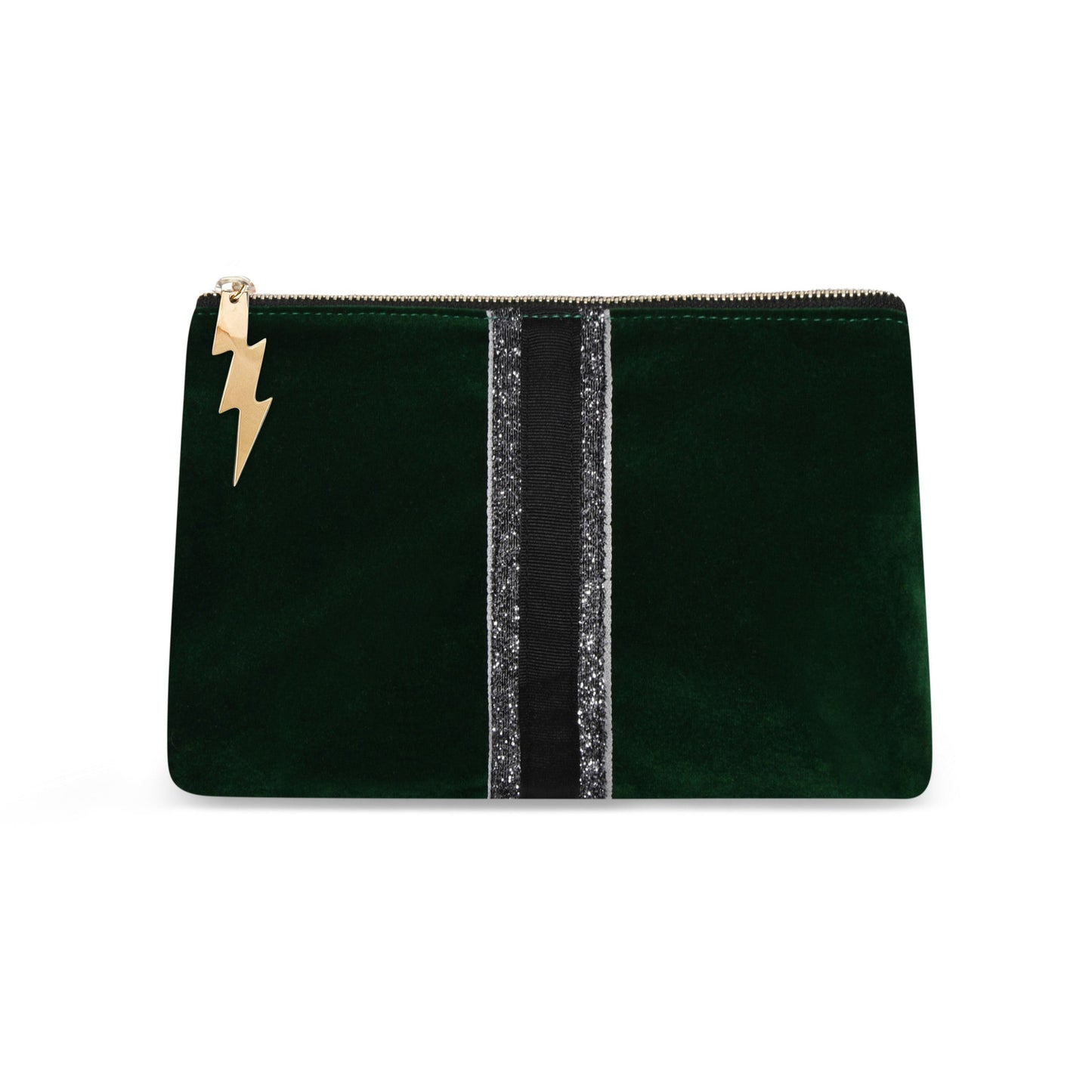 Bottle Green Velvet Clutch Bag (Pewter/Black stripe)