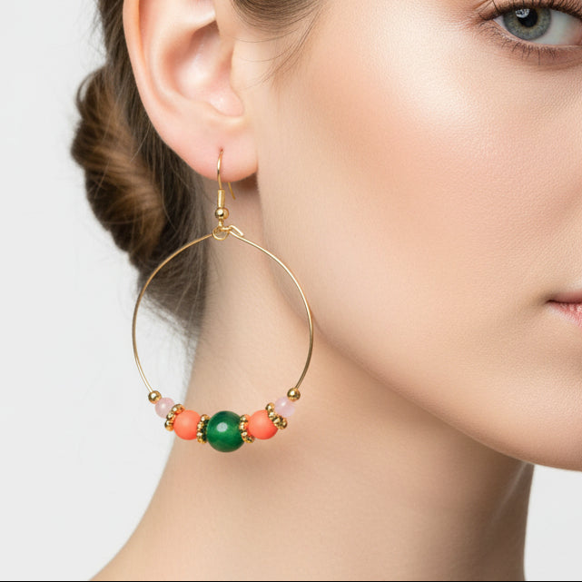 DANGLE HALF BEADED CIRQUE HOOPS - GREEN/PINK Cockatoo