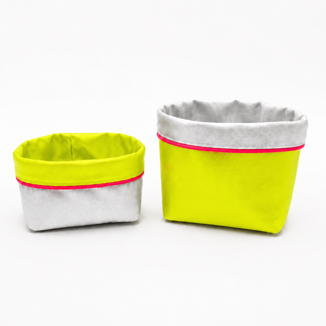REVERSIBLE OLIVE FABRIC STORAGE POT | SILVER/YELLOW Cockatoo