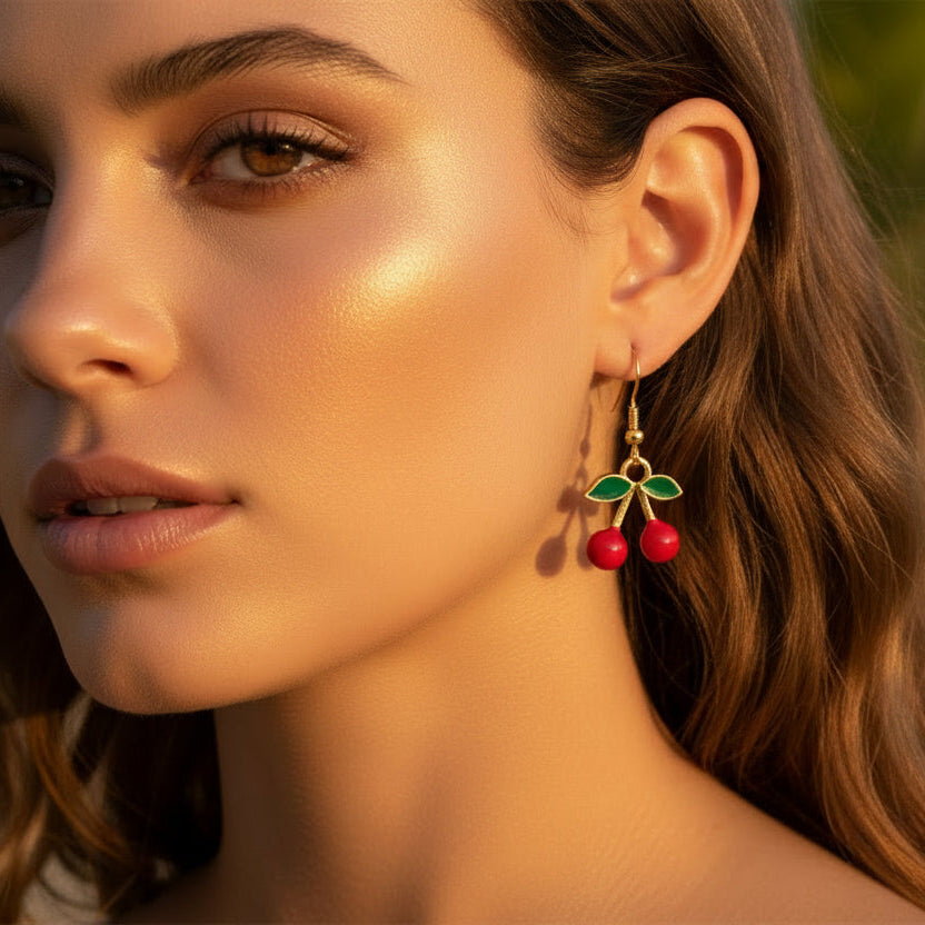 Close-up of a woman wearing earrings with red berries and green leaves against a blurred natural background.