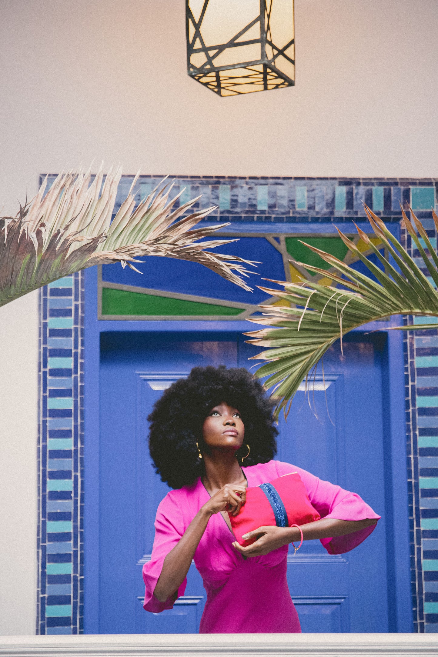 Pink Velvet Clutch Bag (Blue stripe)