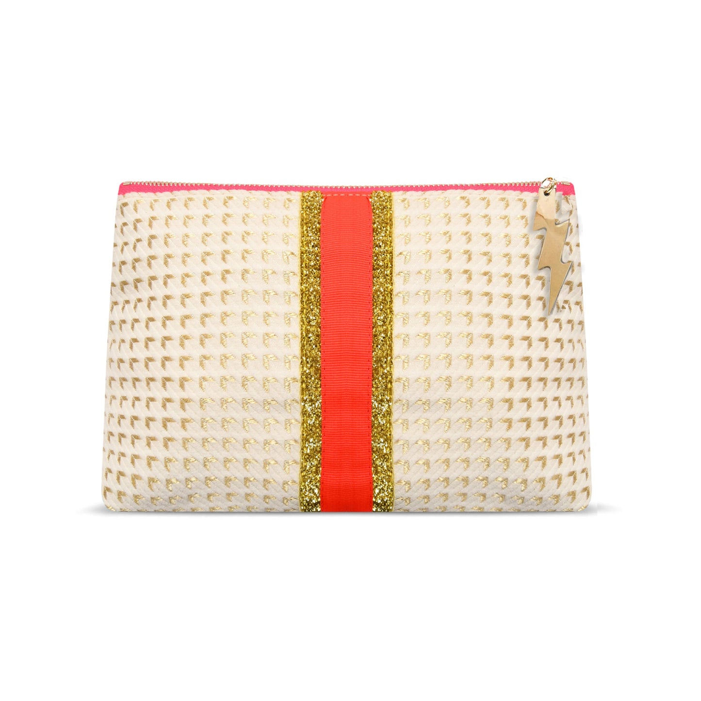 Woven clutch with a red and gold stripe on a white background