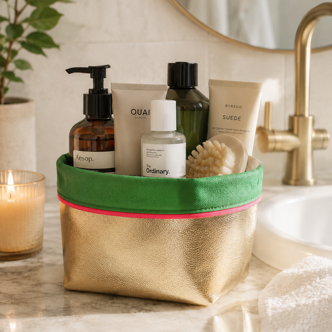 REVERSIBLE OLIVE FABRIC STORAGE POT | GREEN/GOLD