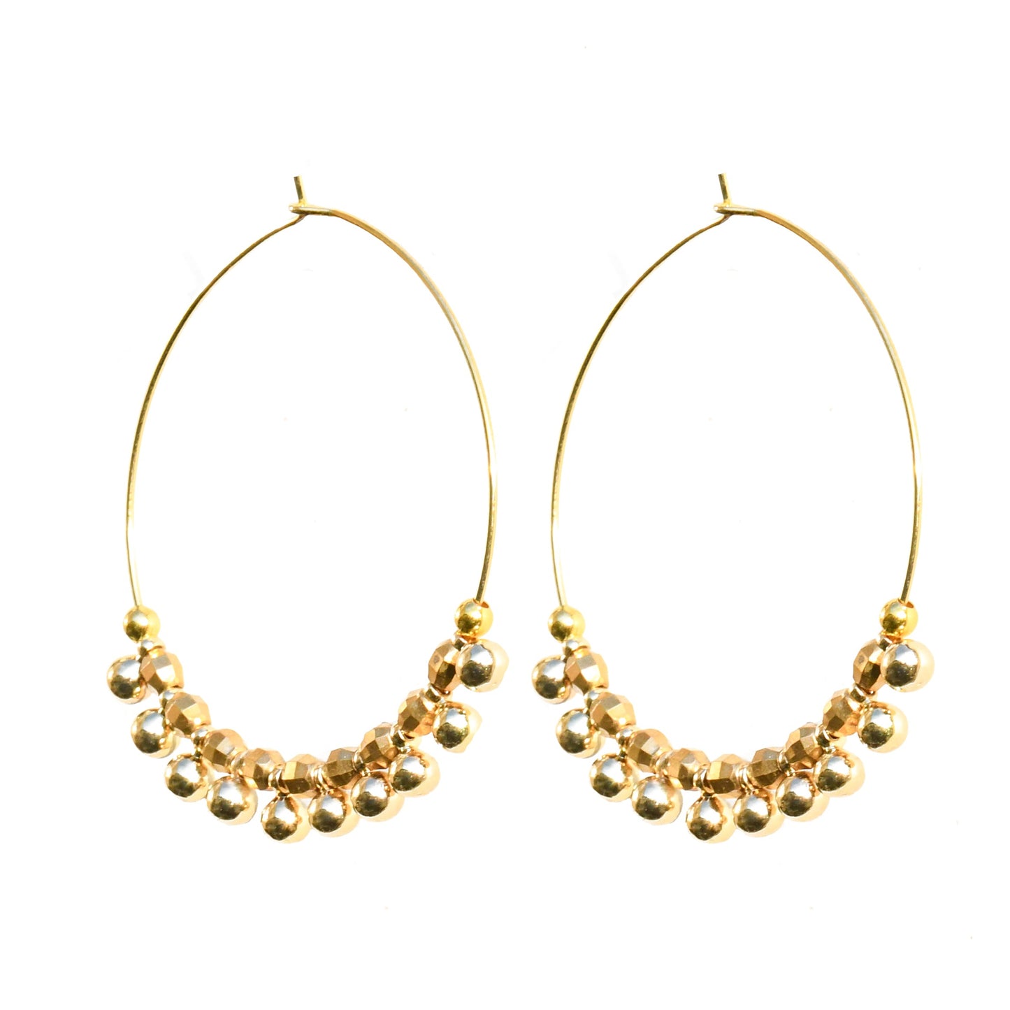 Gold hoop Cockatoo earrings with dangle bead embellishments on a white background