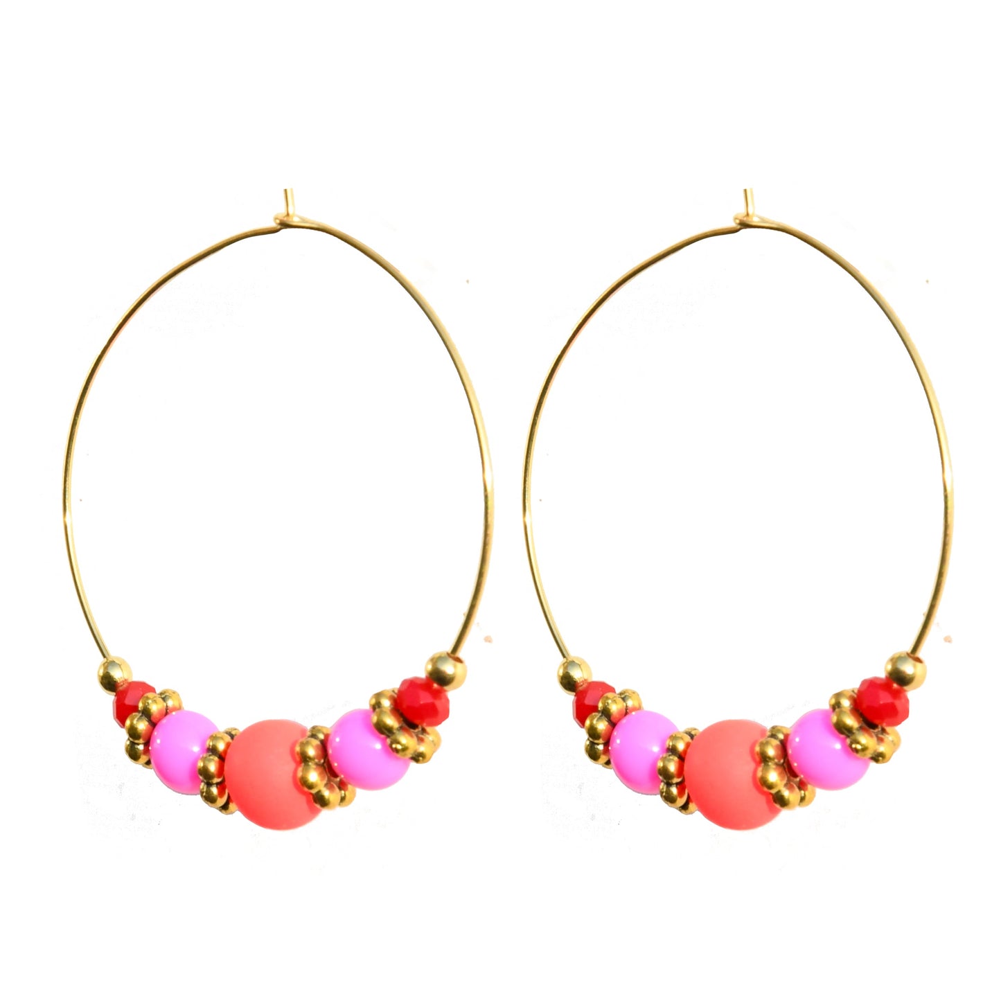 HALF BEADED CIRQUE HOOPS - PINK/RED