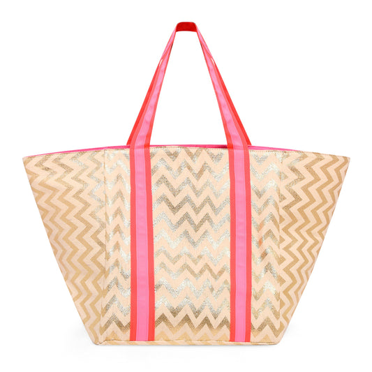 Woven bag with pink handles on a white background
