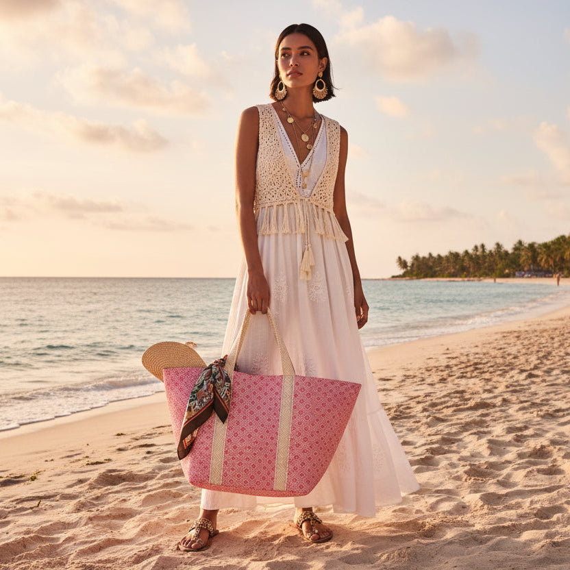 DIAMOND WEAVE BEACH BAG - PINK