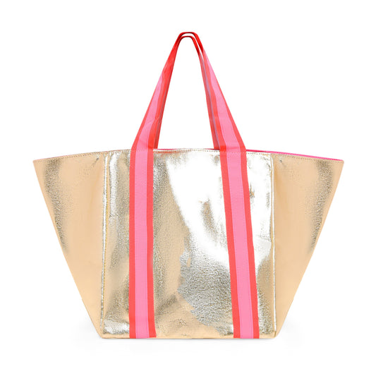 Sheeny Gold tote bag with pink handles and silver interior on a white background