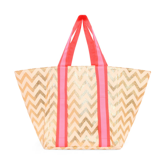 Kids Tote bag with chevron pattern and pink handles on a white background