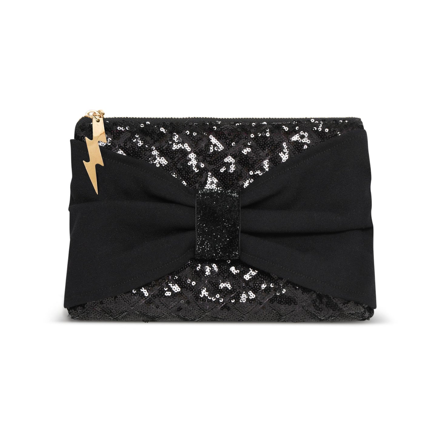 A black clutch bag featuring a large bow at the center, a black sequined flap, and a gold-tone lightning bolt zipper pull on a plain white background.