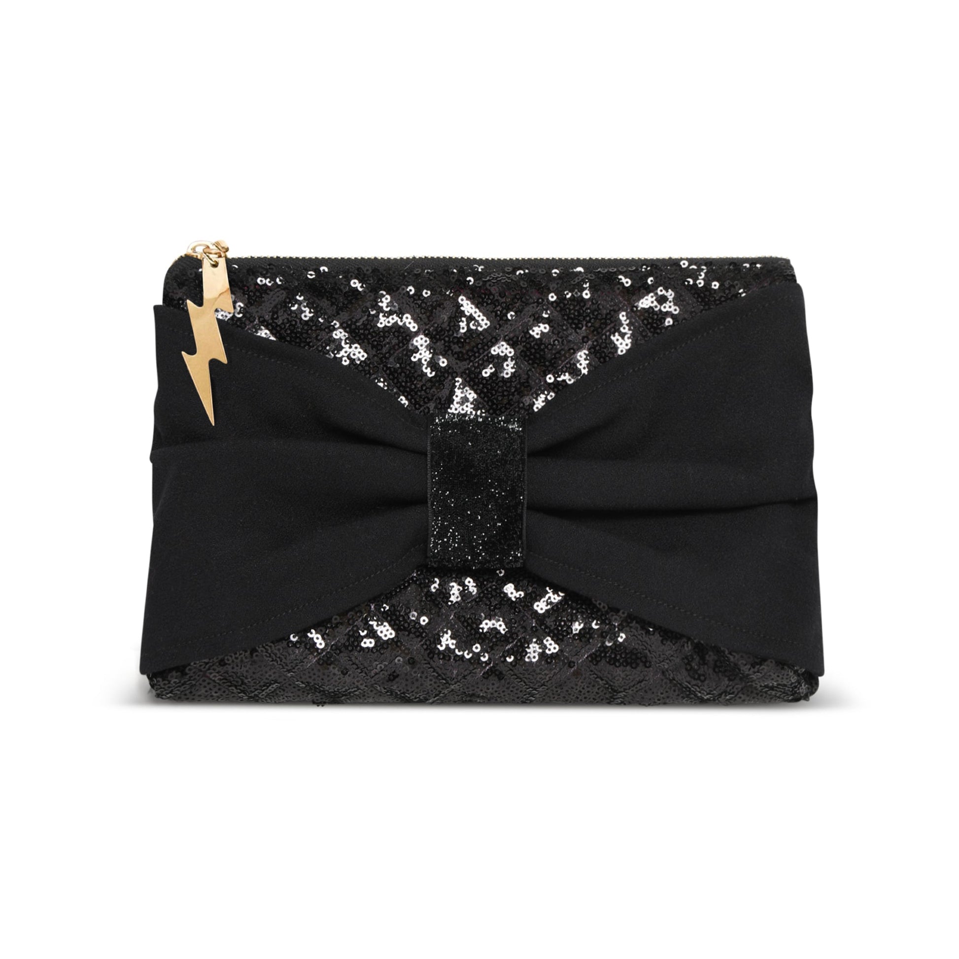 A black clutch bag featuring a large bow at the center, a black sequined flap, and a gold-tone lightning bolt zipper pull on a plain white background.