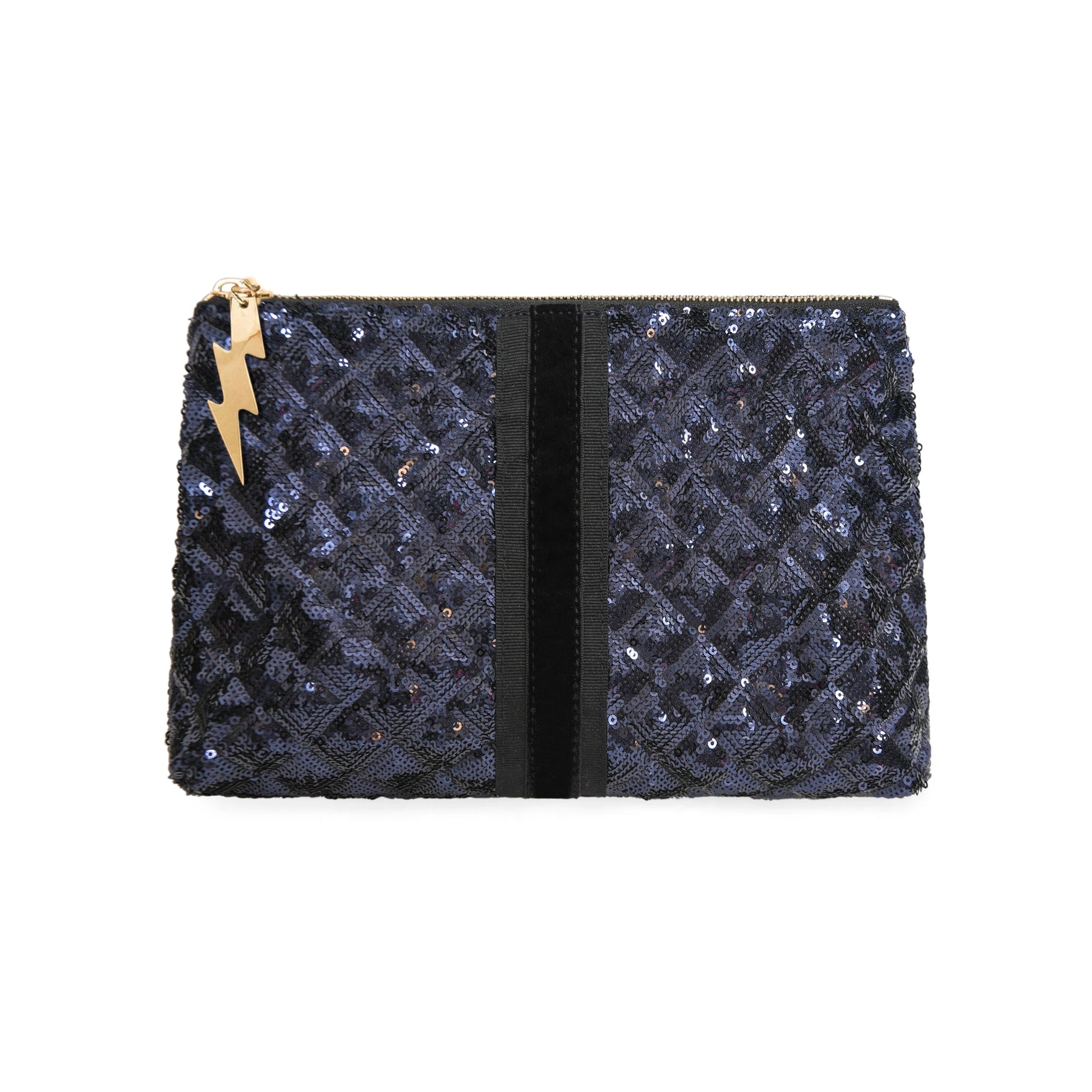 Navy sequin pouch with a gold lightening bolt zipper on a white background