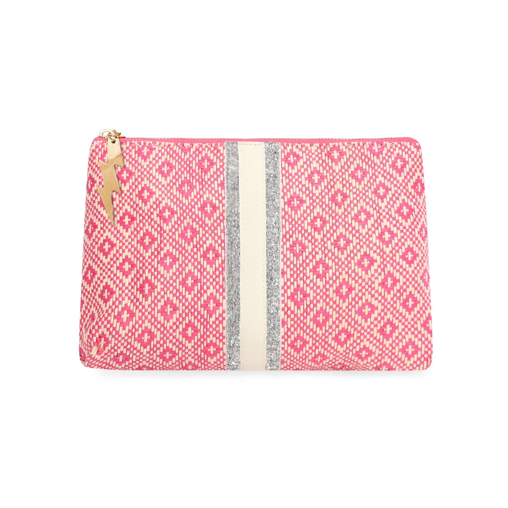 Pink patterned cockatoo pouch clutch bag with a white stripe on a white background