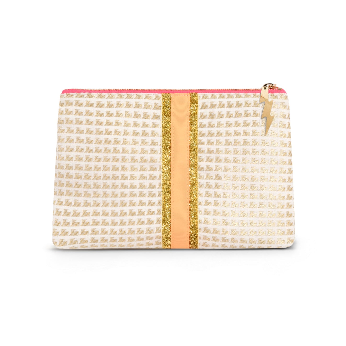 A small zip pouch with a cream and white monogram pattern, a central gold vertical stripe, and a coral-pink top zipper trim.
