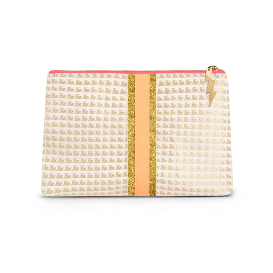 A small zip pouch with a cream and white monogram pattern, a central gold vertical stripe, and a coral-pink top zipper trim.