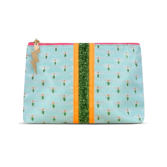 Turquoise Clutch bag with a metallic woven bee motif and Orange grosgrain ribbon and green glitter ribon trim.  The bag also features our signature lightening bolt zipper and hot pink waterprrof lining 
