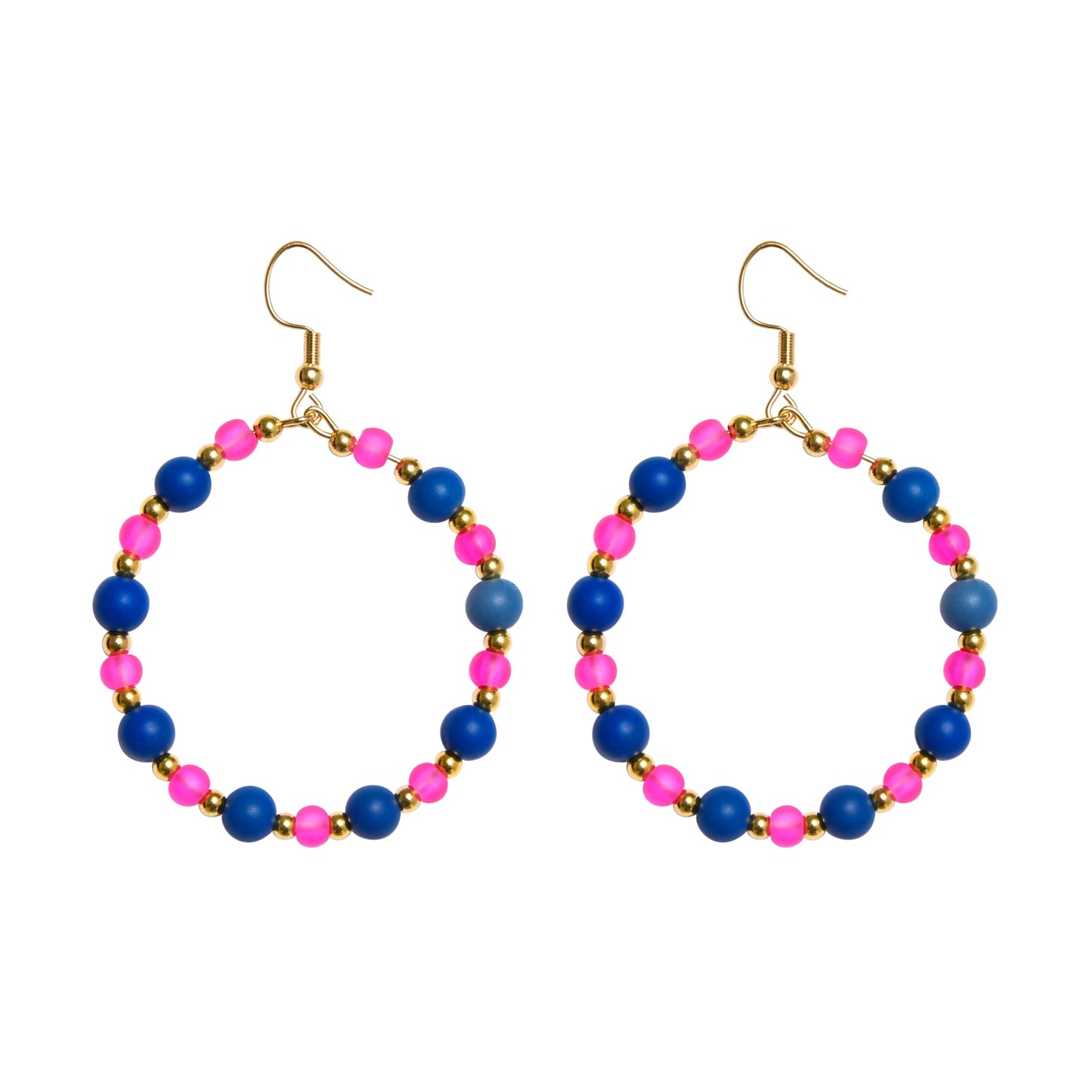 Hoop earrings with blue and pink beads on a white background