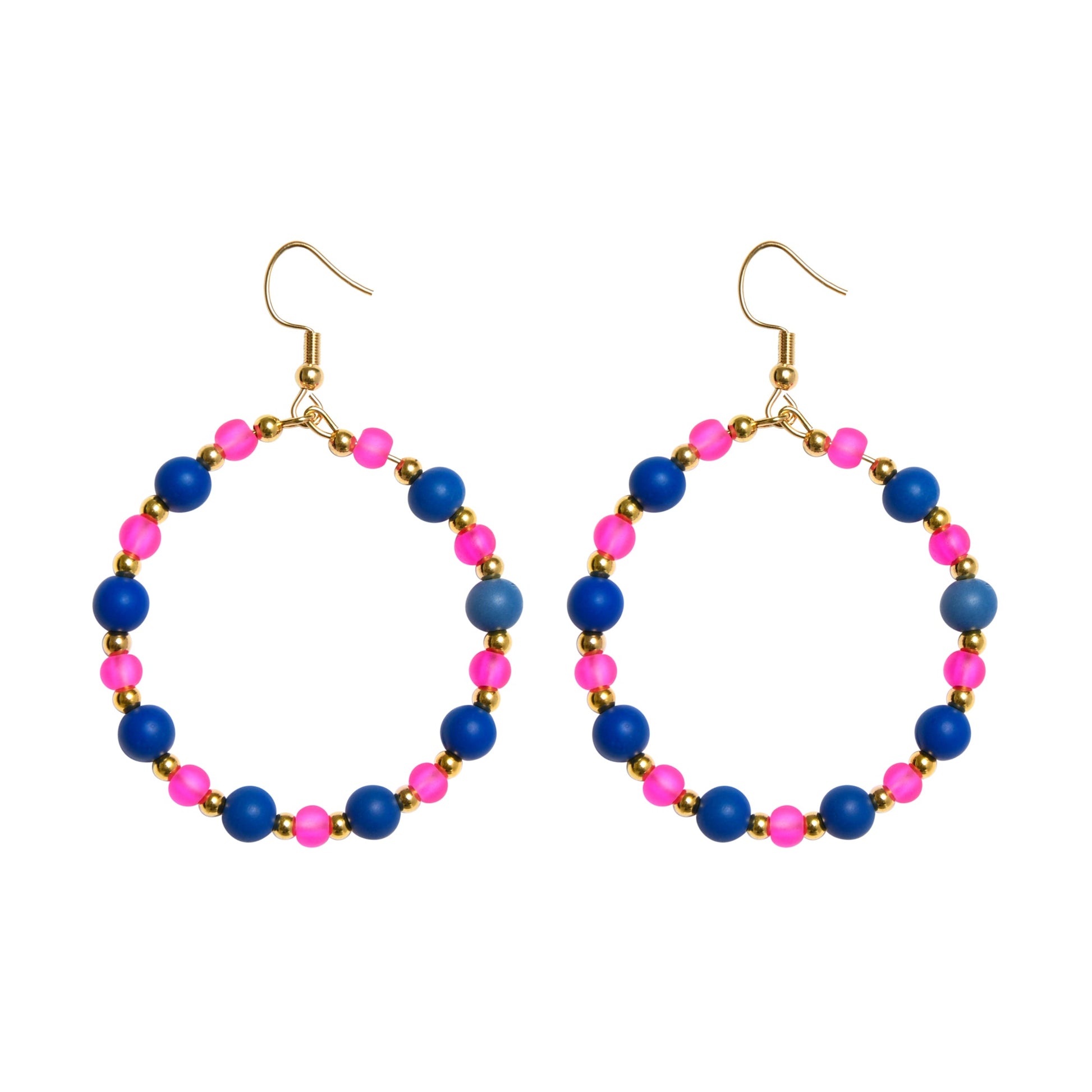 Hoop earrings with blue and pink beads on a white background