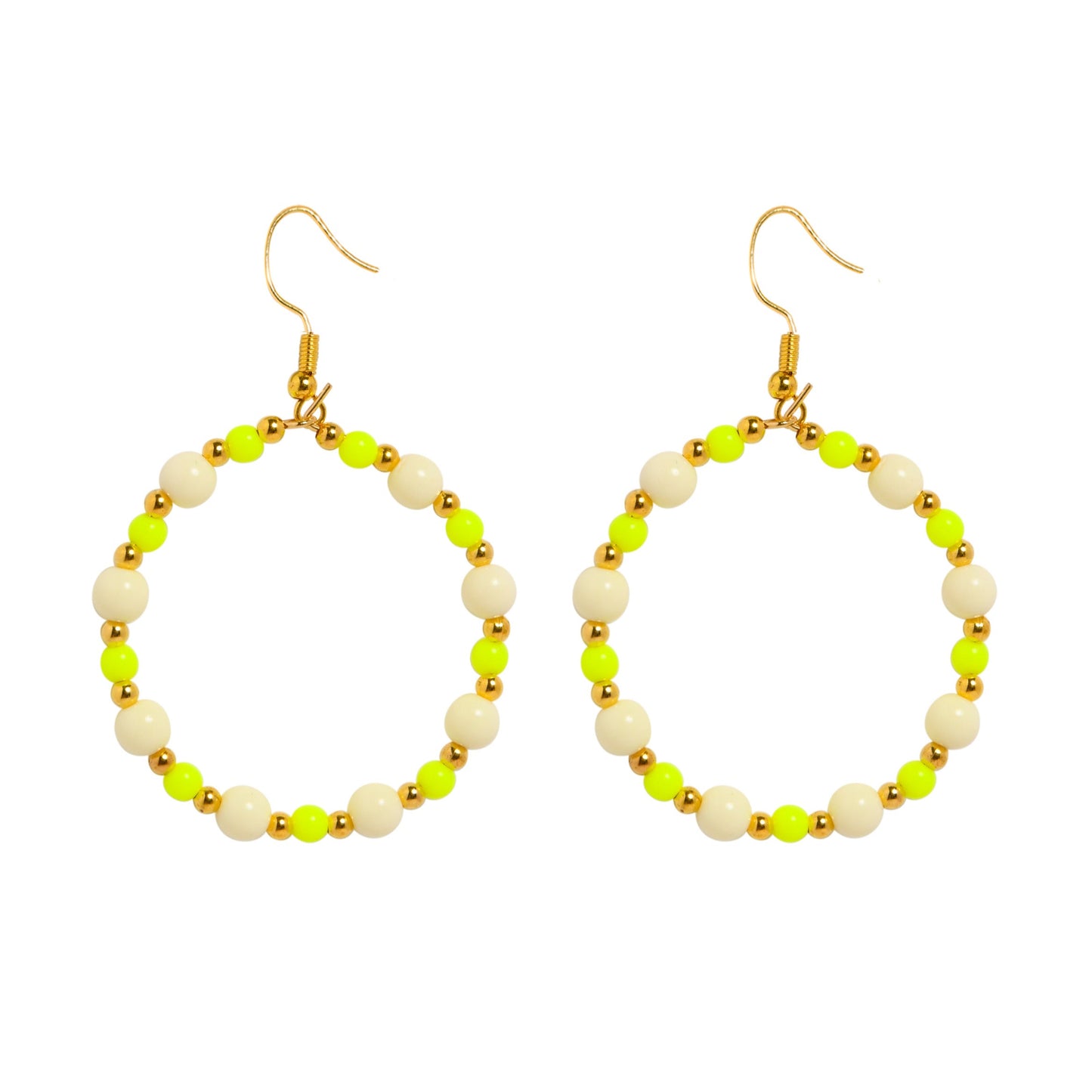 BEADED CIRQUE HOOPS - NEON YELLOW/CREAM