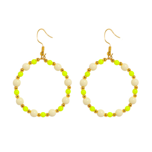 BEADED CIRQUE HOOPS - NEON YELLOW/CREAM