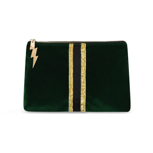 Bottle Green Velvet Clutch Bag (Gold/Black stripe)
