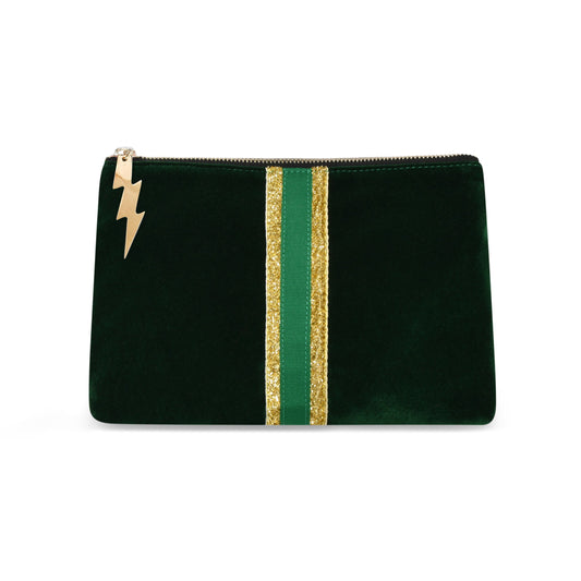 Bottle Green Velvet Clutch Bag (Gold/Green stripe)