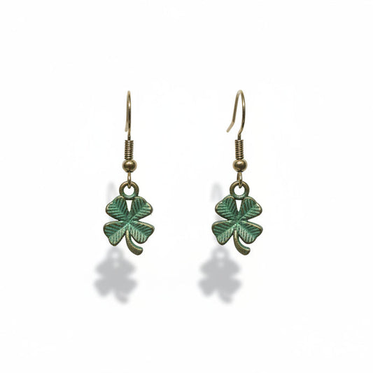 Pair of lucky 4 leaf clover earrings with green leaves on a white background