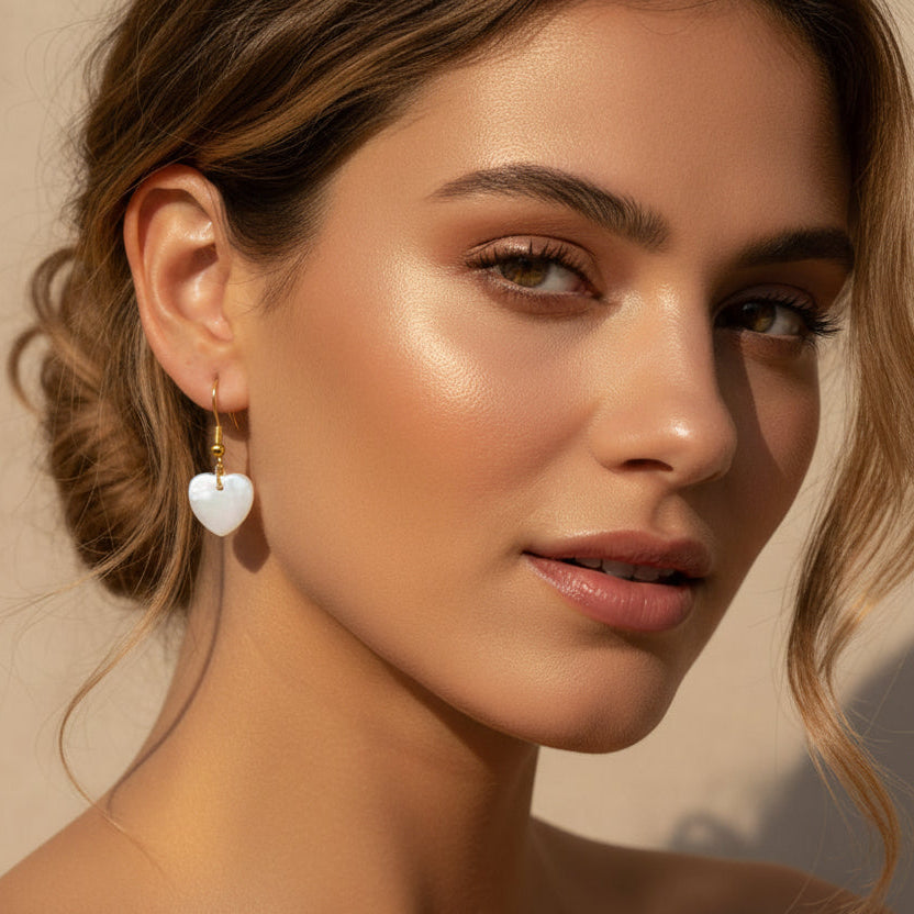 Heart-shaped shell earrings with gold hooks on a white background