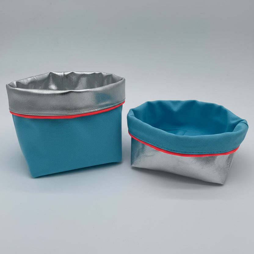 REVERSIBLE OLIVE FABRIC STORAGE POT | TURQUOISE/SILVER
