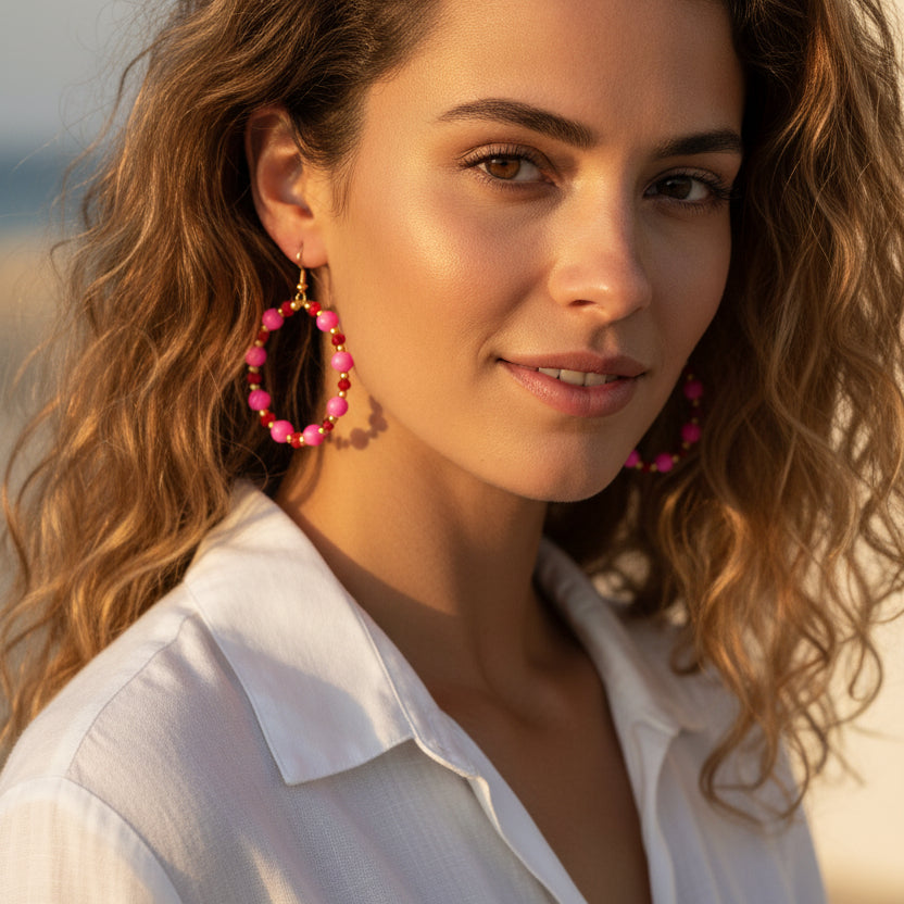 BEADED CIRQUE HOOPS - PINK/BURGUNDY