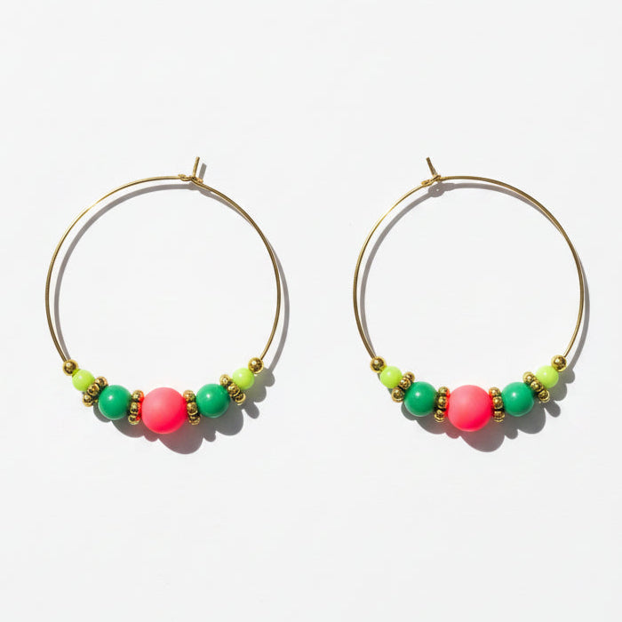 HALF BEADED CIRQUE HOOPS - GREEN/PINK