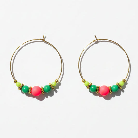 Half Beaded Cirque Hoops - Green/Pink