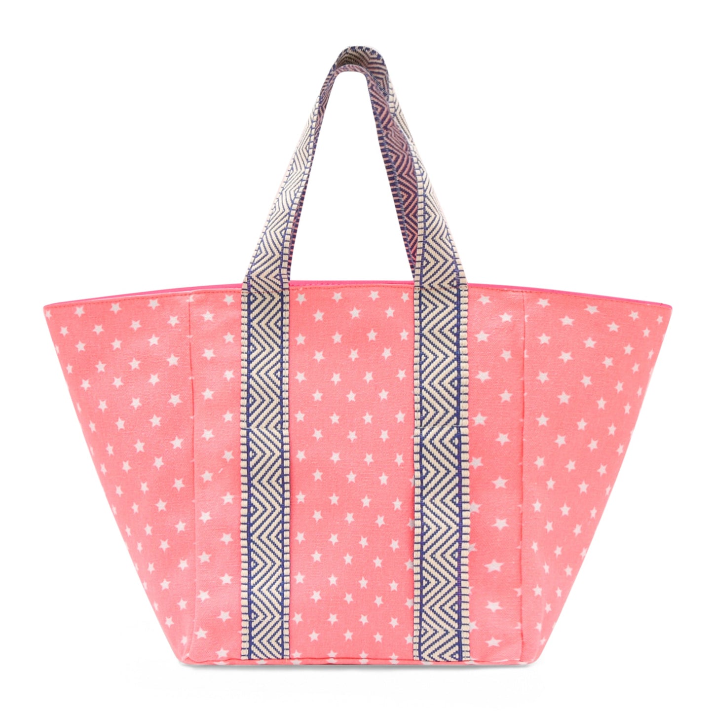 Pink tote bag with white polka dots and a striped handle on a white background