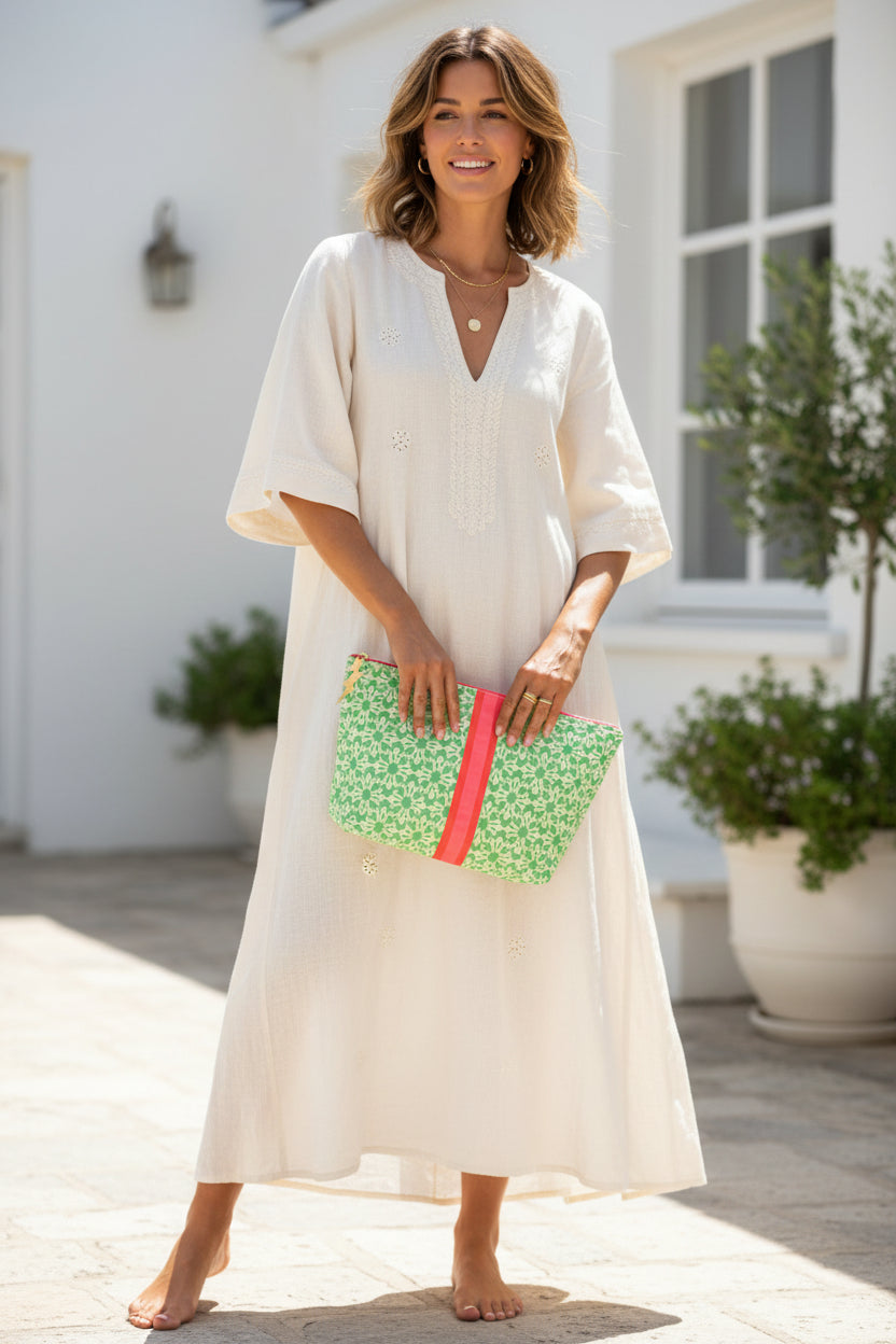 LARGE GREEN & CREAM BAG WITH STRIPE