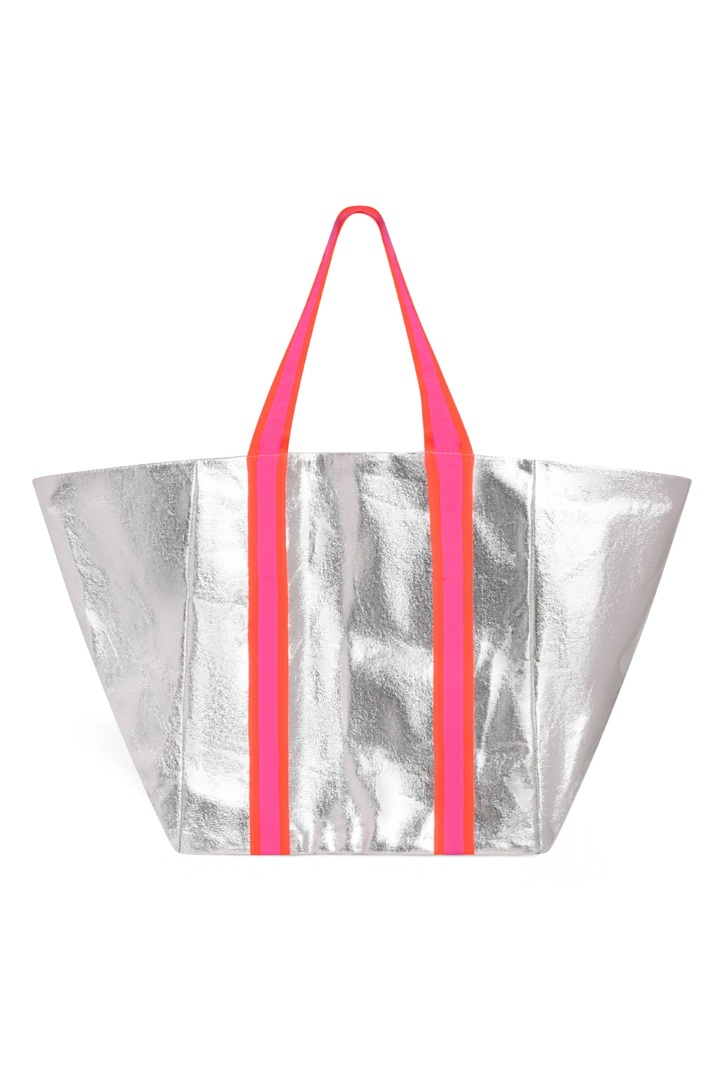 SHEENY SILVER BEACH BAG with NEON STRAPS