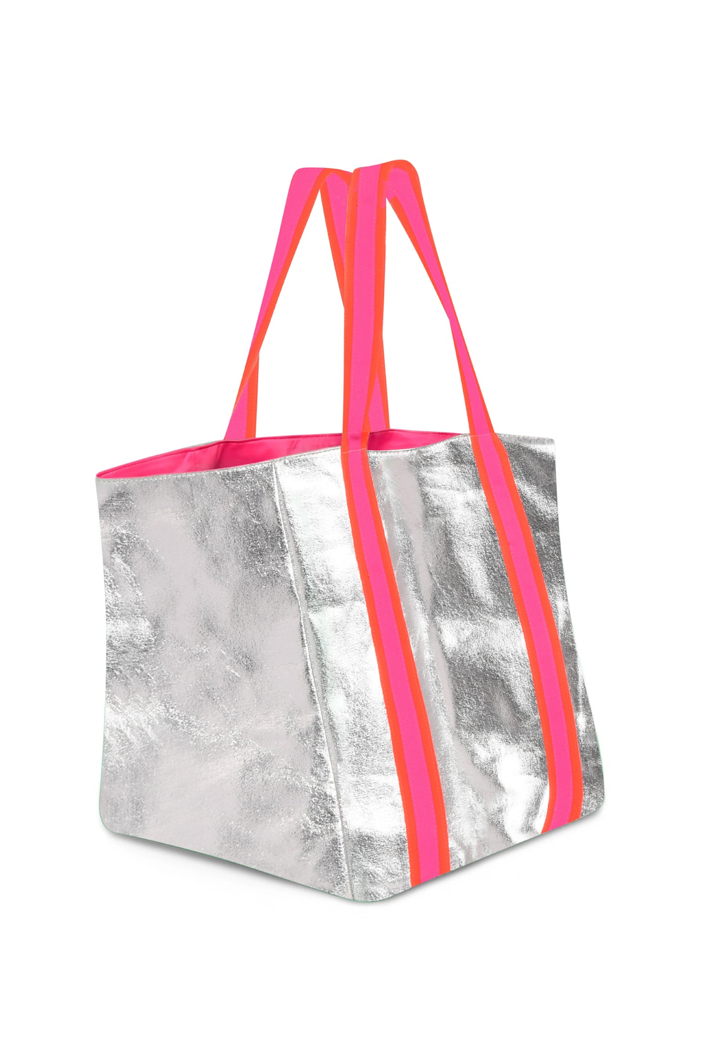 SHEENY SILVER BEACH BAG with NEON STRAPS