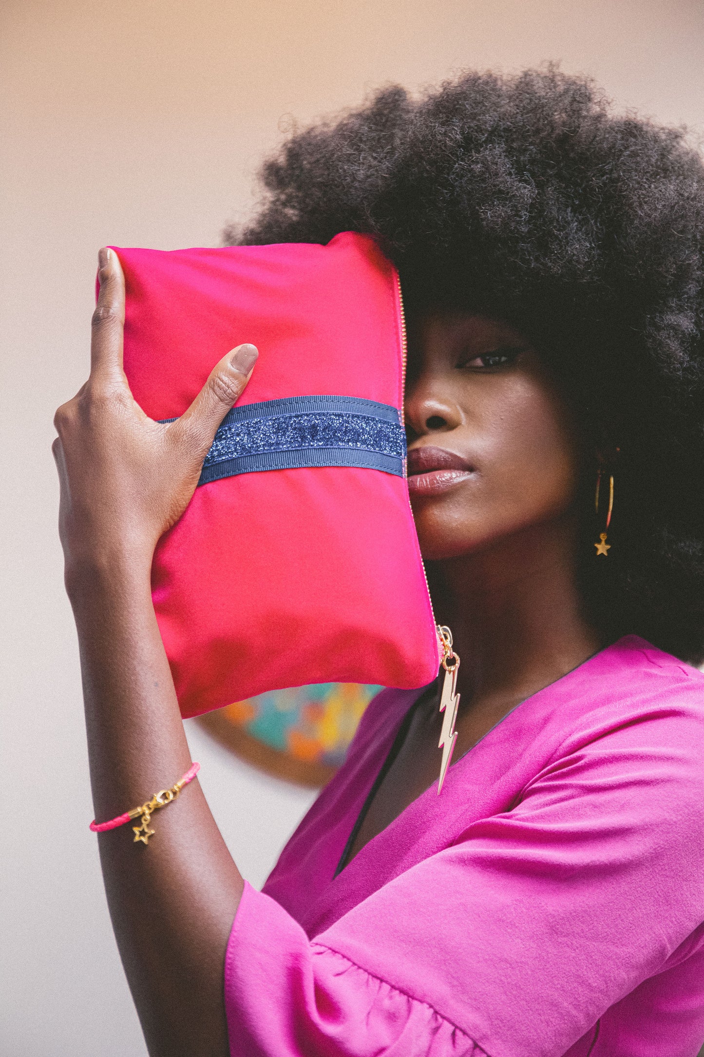 Pink Velvet Clutch Bag (Navy/Gold stripe)