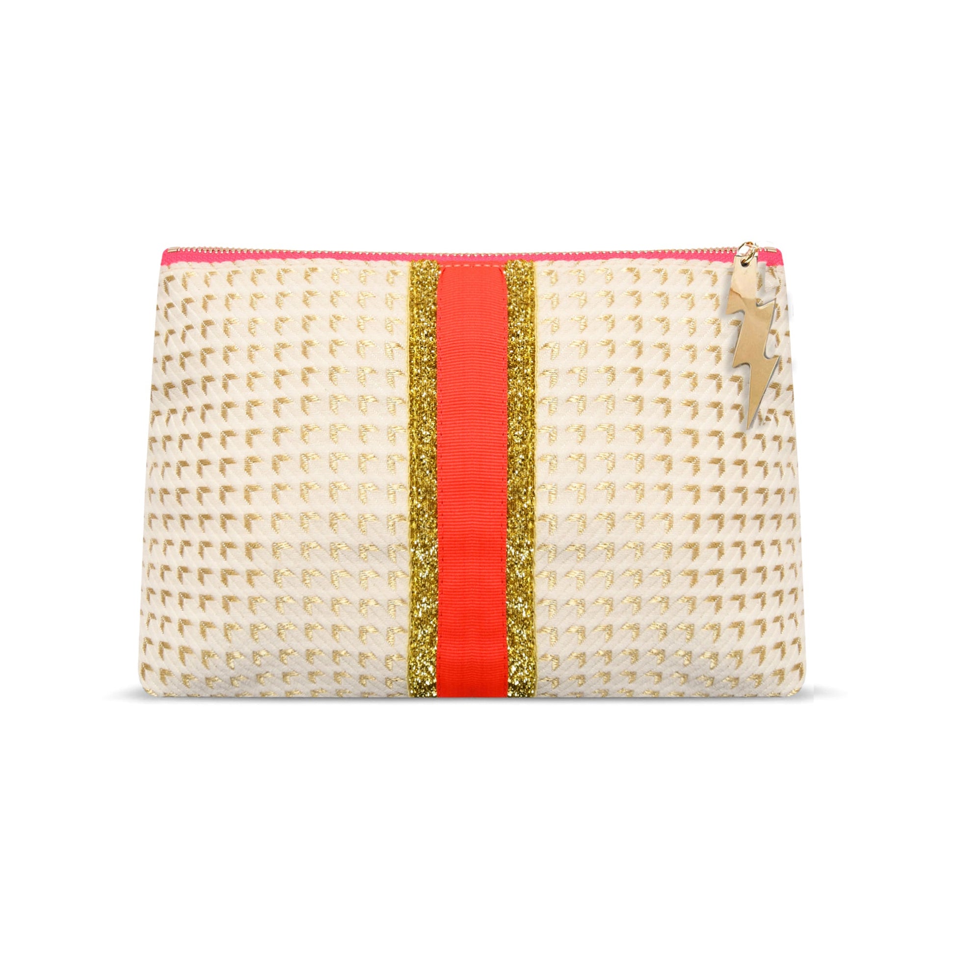 Woven clutch with a red and gold stripe on a white background