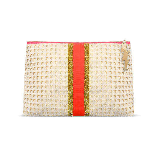 Woven clutch with a red and gold stripe on a white background