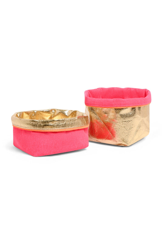 REVERSIBLE OLIVE FABRIC STORAGE POT | PINK/GOLD Cockatoo