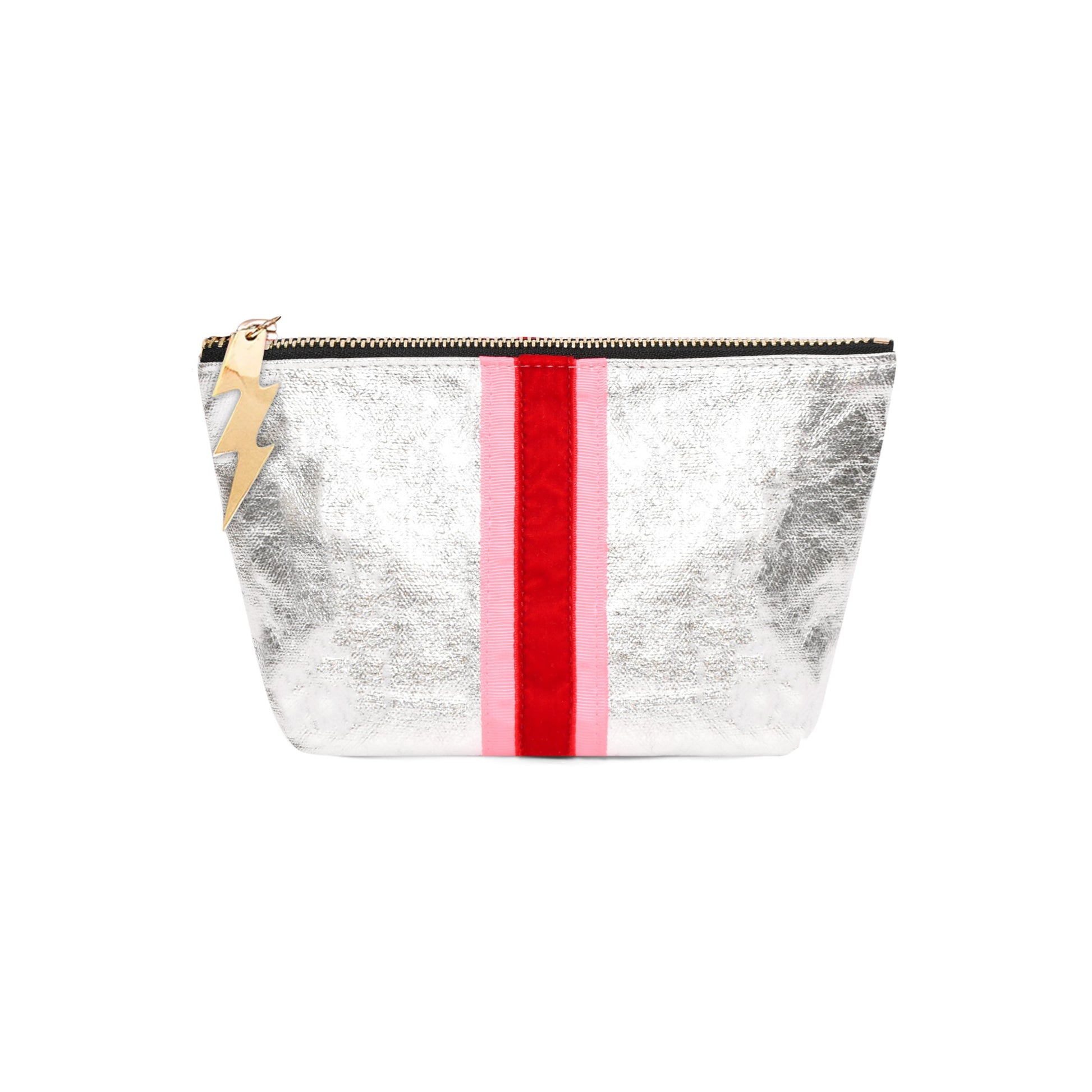 Metallic silver makeup bag with red velvet stripe - Cockatoo small clutch bag