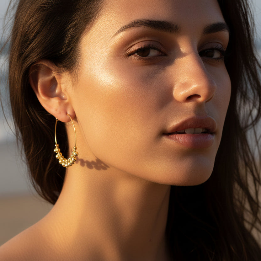 Gold hoop earrings with bead embellishments on a white background