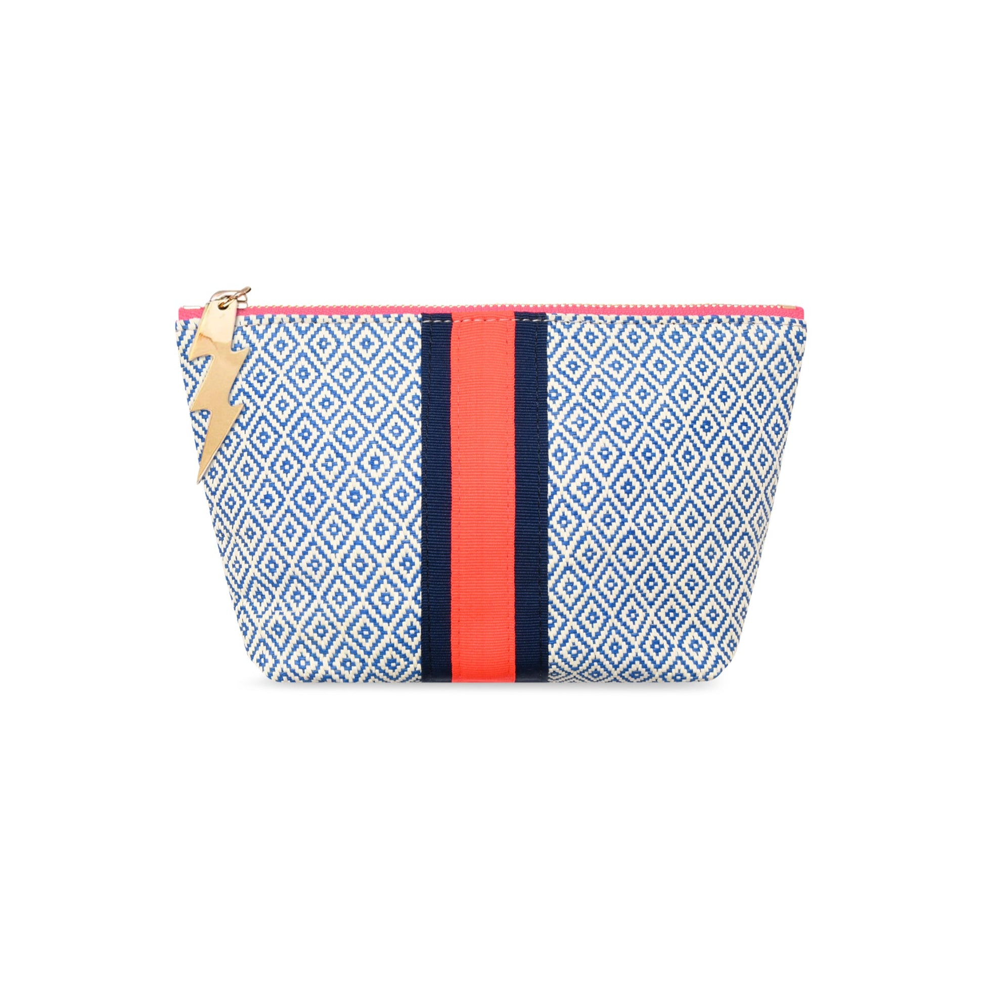 Small pouch with geometric pattern and red stripe on a white background